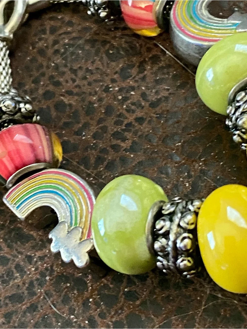 Kids Rainbow Charm Bracelet - Yellow & Lime Beads & pins